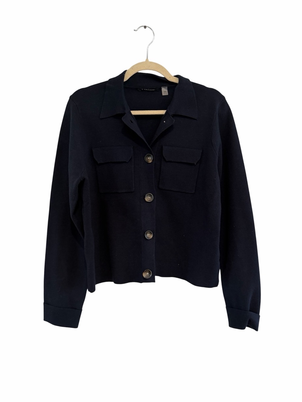 T Tahari Navy Button-Front Cardigan Jacket